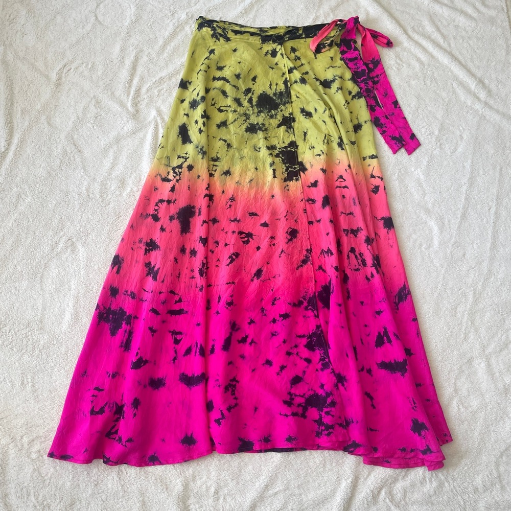 Anna Kosturova Nomad 100% Silk Tie Dye Wrap Skirt Astral Neon Pink Yellow Size L